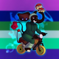 an elephant riding a motorcycle with a rainbow flag